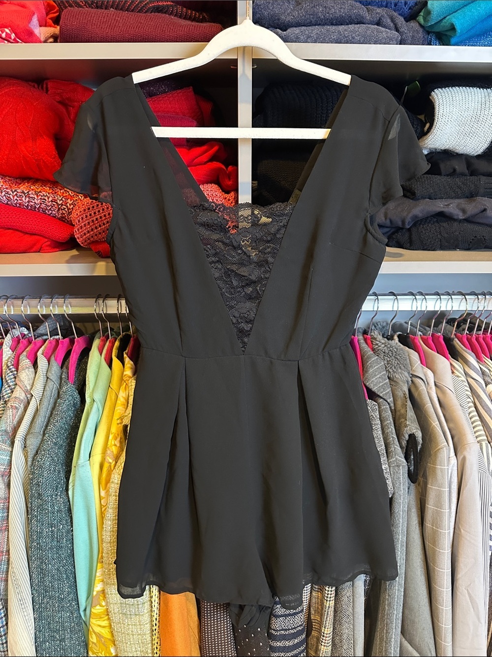 Forever 21 black lace detail sheer cap sleeve back zipper closure romper size S